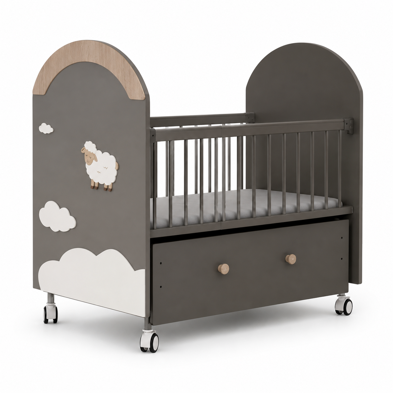 Little Lamb Wooden Baby Cot with Storage Drawer