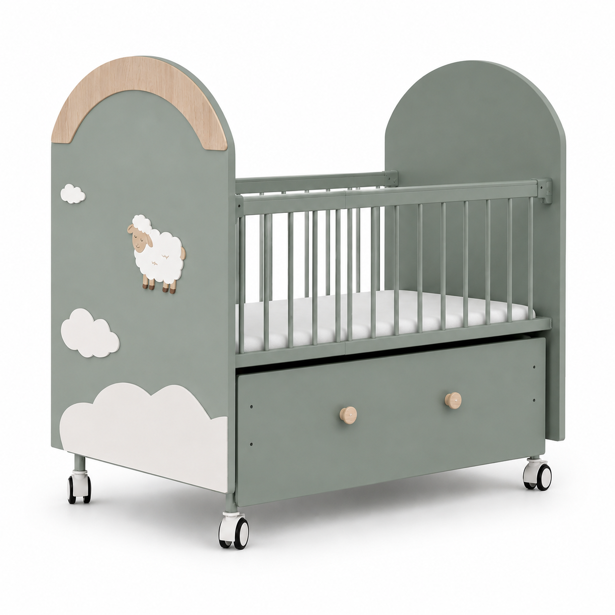 Little Lamb Wooden Baby Cot with Storage Drawer