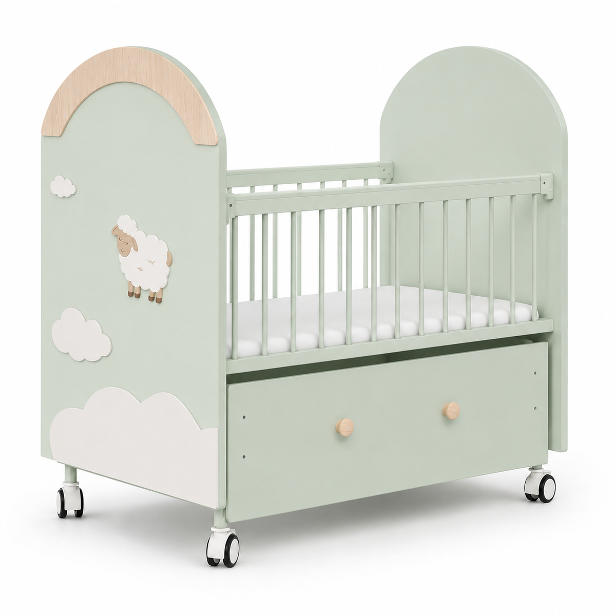 Little Lamb Wooden Baby Cot with Storage Drawer