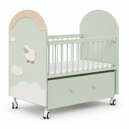 Little Lamb Wooden Baby Cot with Storage Drawer