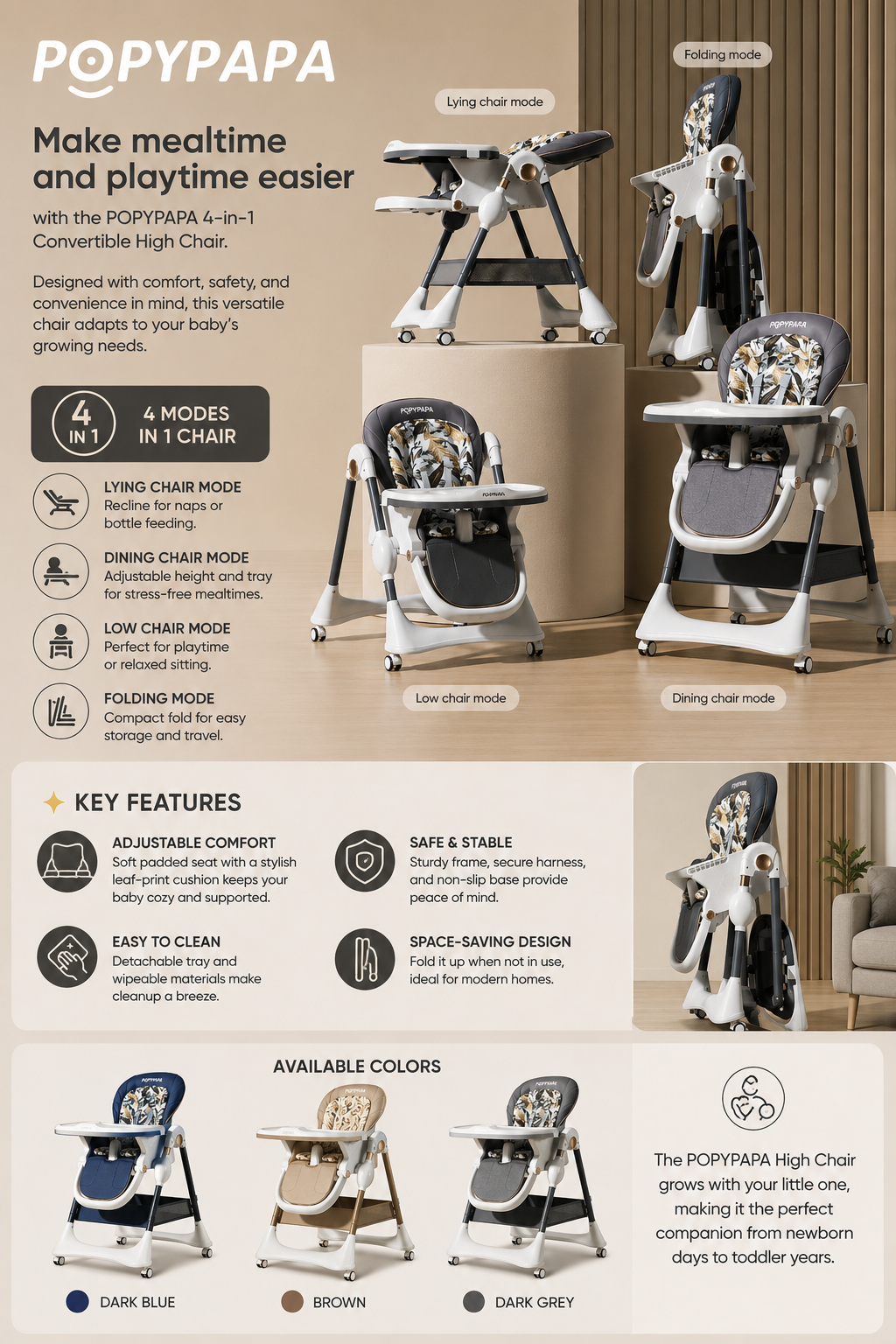 POPYPAPA 4-in-1 Convertible Baby High Chair